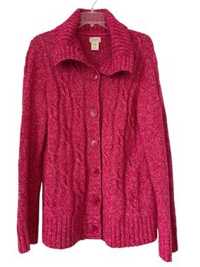 L.L. Bean Women’s Size L Wool Blend Mock Neck Cable Knit Cardigan Raspberry